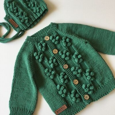 Handgemachtes Baby-Cardigan- und Mützen-Set aus Bio-Baumwolle mit Zitronenbaum