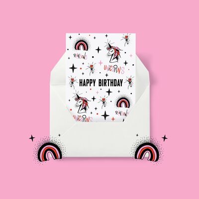Feliz cumpleaños – Tarjeta de cumpleaños mágica de unicornio para niños.