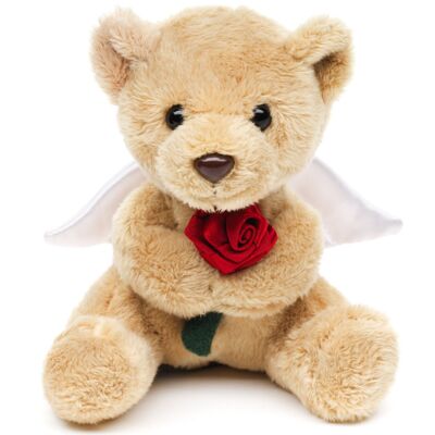 Guardian angel teddy bear with red rose - Plushie - 13 cm (height) - Keywords: teddy, wings, plush, soft toy, stuffed toy, cuddly toy