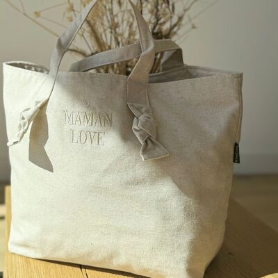 City-Tasche aus Baumwolle, bestickt, Maman Love – Sand – Muttertag