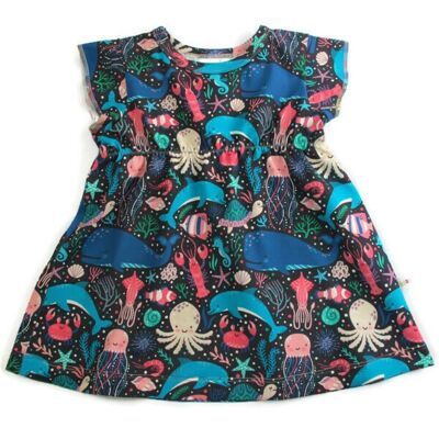 Kleid aus Bio-Baumwolljersey mit Meerestieren für Mädchen