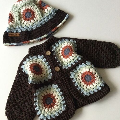 Organic Cotton  Hand Crafted Vintage Baby Cardigan and Hat-