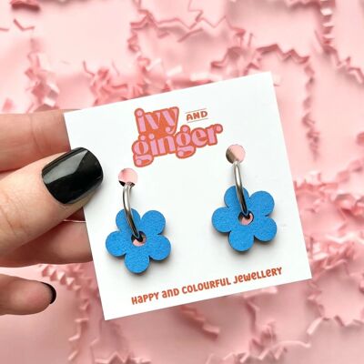 Hand painted wooden blue flower hoop earring