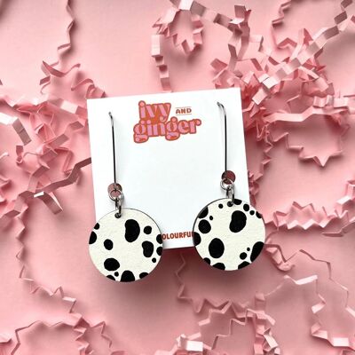 Hand painted Dalmatian print drop circle wooden dangle earrings
