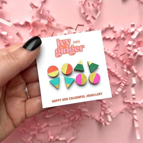 Four piece retro brights gold edge hand painted wooden earrings stud set