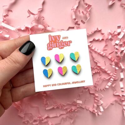 Gold edge bright hearts stud hand painted wooden earrings set