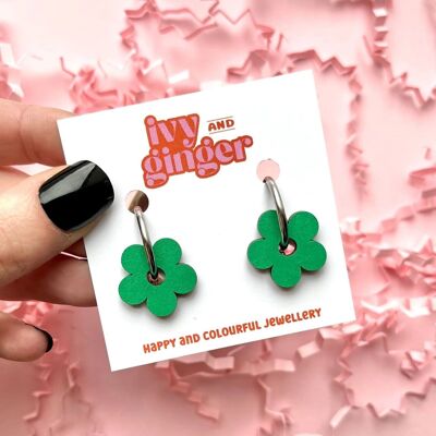 Hand painted green flower hoop earrings