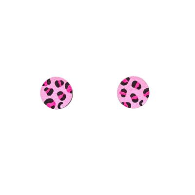 Mini  hand painted wooden neon pink leopard print circle studs