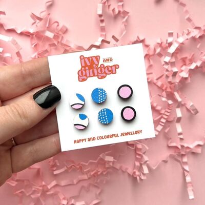 Pink and blue mini stud set hand painted wooden earrings