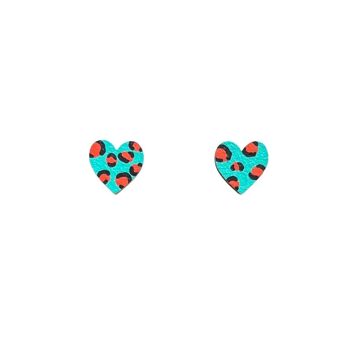 Mini boucles d'oreilles clous coeur imprimé léopard bleu sarcelle et orange 2