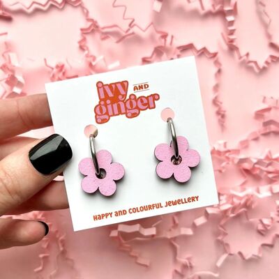 Pink flower hoop hand painted wooden statement earrings