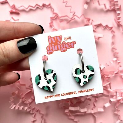 Metallic green leopard print small heart hoop hand painted statement earrings