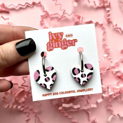Metallic pink leopard print small heart hoop hand painted wooden statement earrings