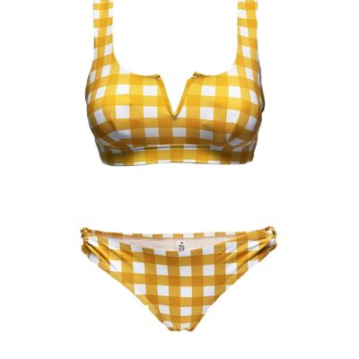 Yellow/white check print bikini sets for women