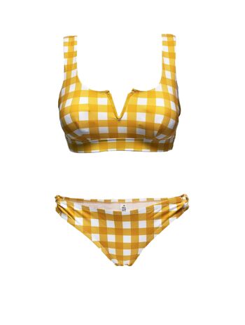 Ensemble bikini imprimé carreaux jaune/blanc pour femme 1