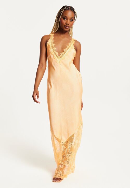 Liquorish Lace Detailed V-Neck Maxi Dress In Orange