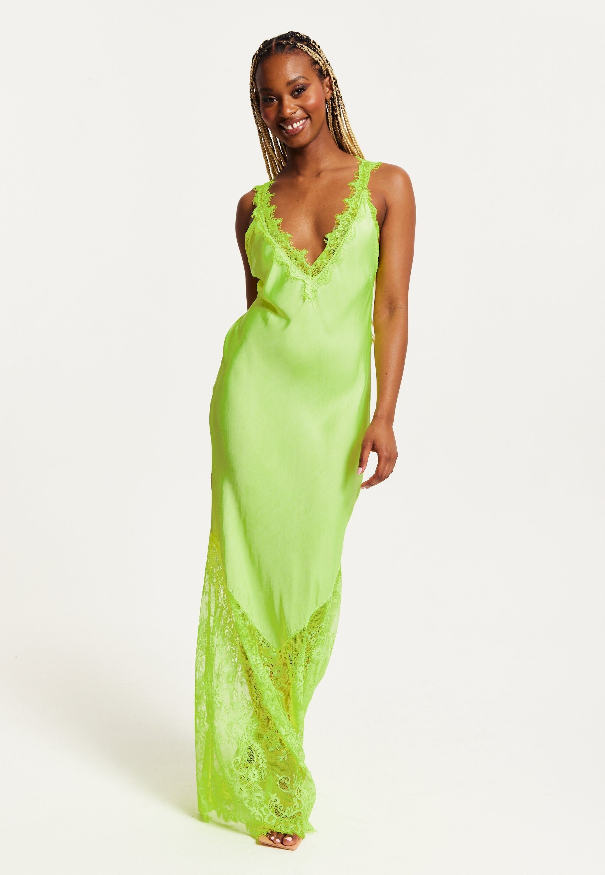 Liquorish Lace Detailed V-Neck Maxi Dress In Bright Yellow