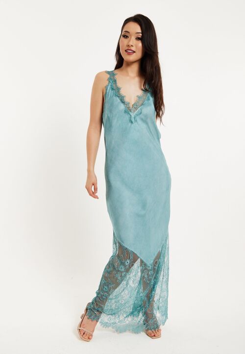 Liquorish Lace Detail V-Neck Maxi Dress Sage Blue