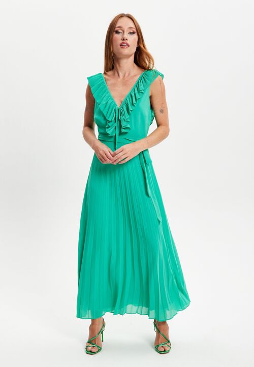 Liquorish Frilled V Neck Sleeveless Pleated Maxi Dress