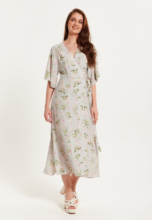 Liquorish Floral Maxi Wrap Dress In Grey With Kimono Sleeves