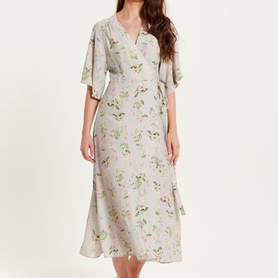 Liquorish Floral Maxi Wrap Dress In Grey With Kimono Sleeves