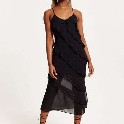 Liquorish Diagonal Frill Strap Midi Dress In Black