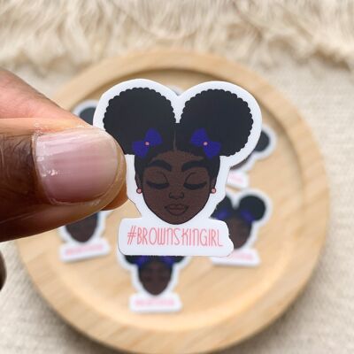 Autocollants| Fille noire avec 2 Afrohairpuff bleu Brownskingirl 33 x 34 mm