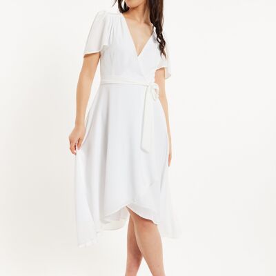 Liquorish Crepe White Angel Sleeve Wrap Dress In White