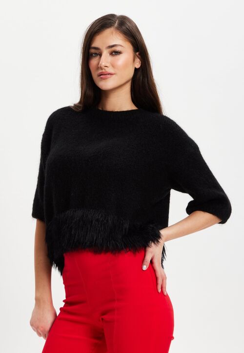 Liquorish Black Short Sleeves Jumper With Fur Hem