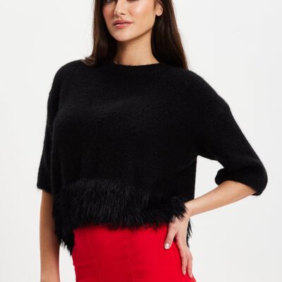 Liquorish Black Short Sleeves Jumper With Fur Hem