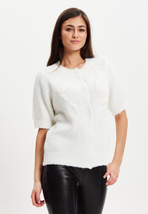 Liquorish White Knitted Floral Short Sleeve Cardigan