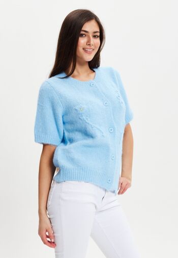 Liquorish - Cardigan tricoté à manches courtes et motif floral bleu 4