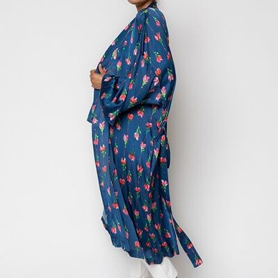 Kimono blu con stampa a fiori rosa