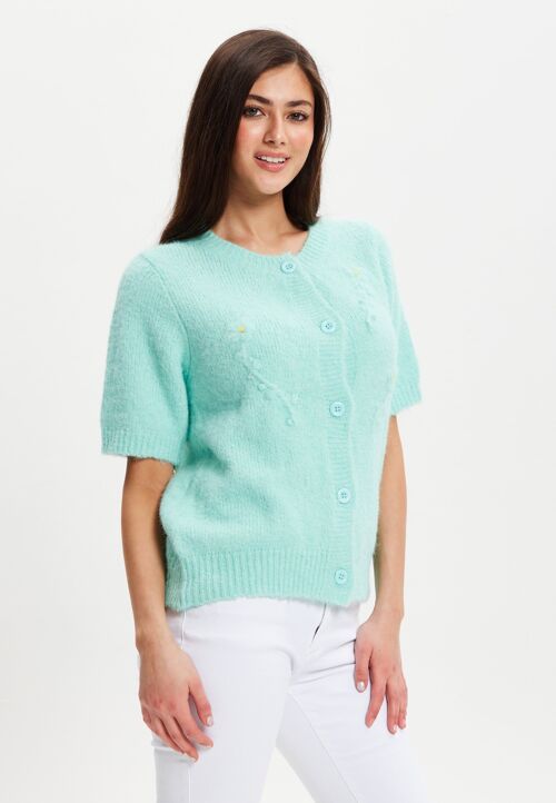 Liquorish Turquoise Knitted Floral Short Sleeve Cardigan