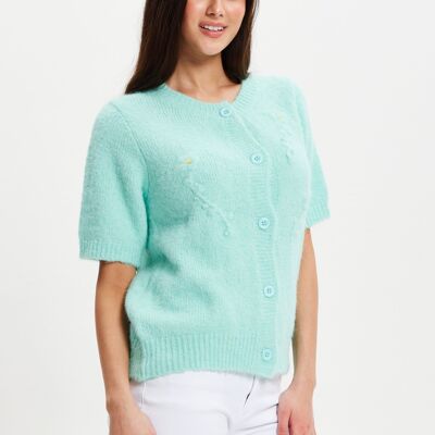 Liquorish Cardigan à manches courtes en maille fleurie turquoise