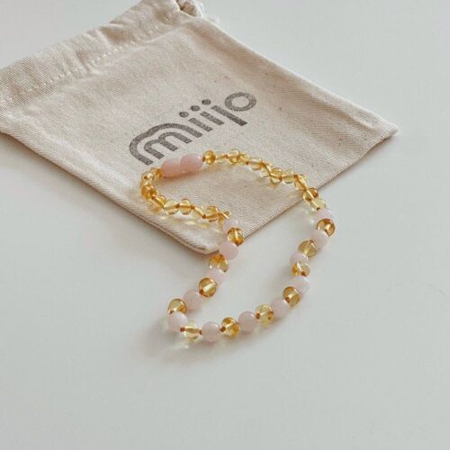 Collier d'ambre, citron/quartz rose