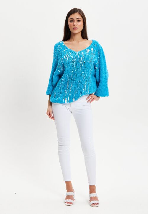 Liquorish Blue Loose Knit Jumper With Metallic Detail