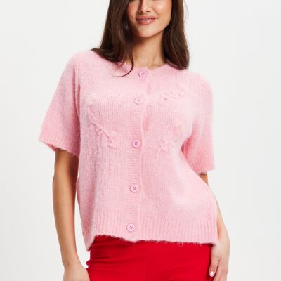 Cardigan tricoté à manches courtes et motif floral rose réglisse