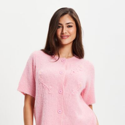 Liquorish Pink Knitted Floral Short Sleeve Cardigan