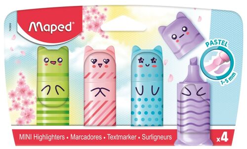 Surligneurs Mini Pastel x4 - Maped - Surligneurs scolaire pour enfants et adolescents personnages chat, boîte de 4 surligneurs