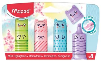 Surligneurs Mini Pastel x4 - Maped - Surligneurs scolaire pour enfants et adolescents personnages chat, boîte de 4 surligneurs 16