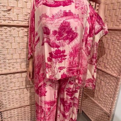 Elástico Pantalón de Seda para Mujer con Diseño de Paisaje