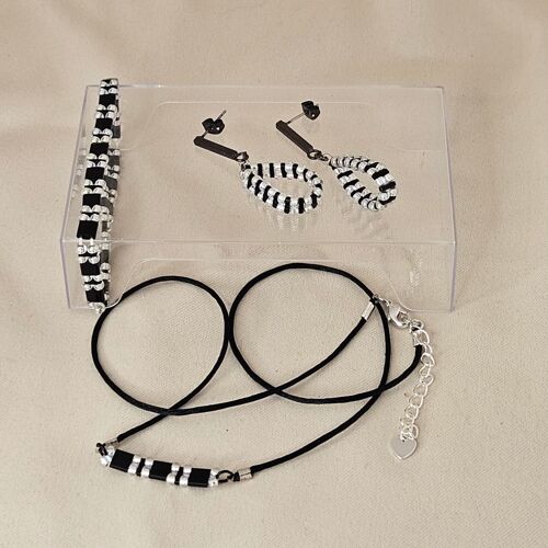 Parure collier, bracelet et boucles d'oreilles noir et argent