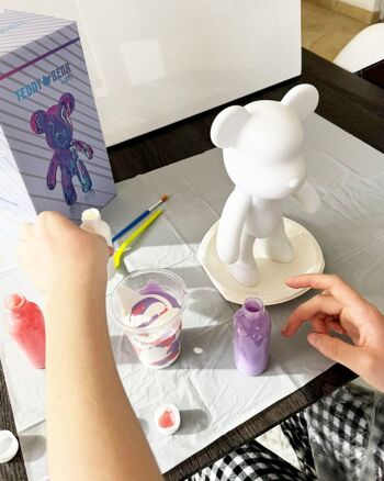 Kit de peinture pouring fluide art - Ours Teddy Bear Rose /Mauve/Blanc 2