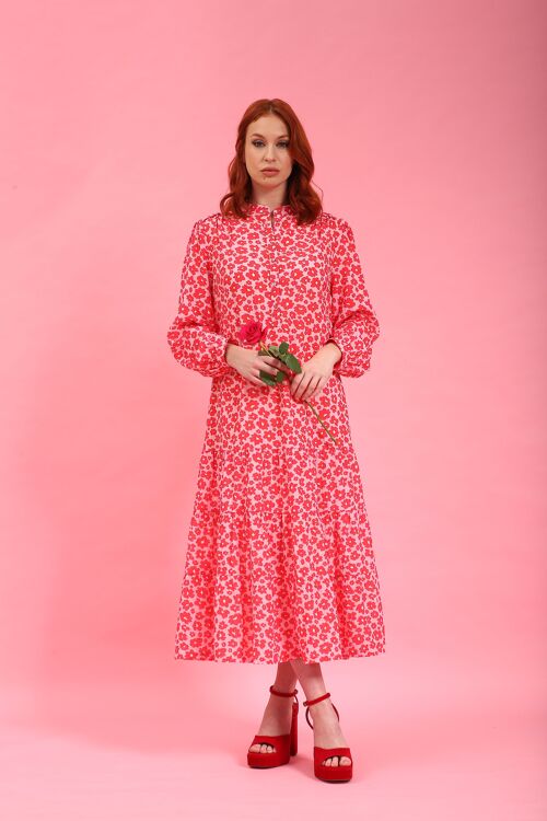 Joni Red & Pink Floral Tiered Midi Dress
