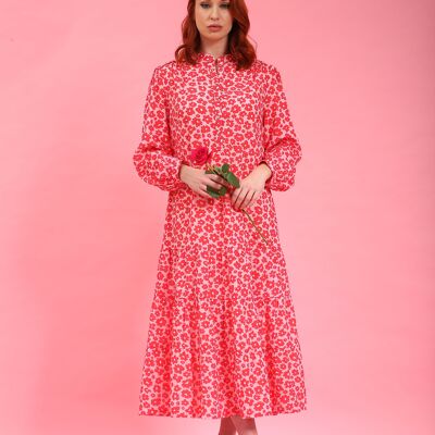 Joni Red & Pink Floral Tiered Midi Dress