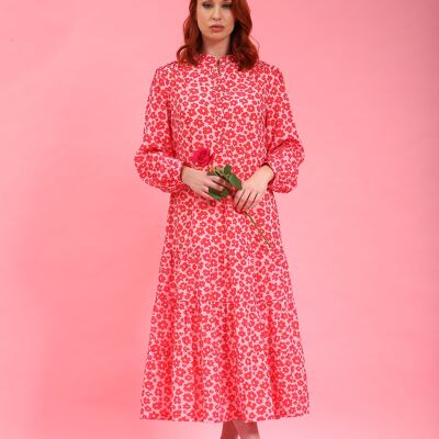 Robe mi-longue à plusieurs niveaux à fleurs rouge et rose Joni