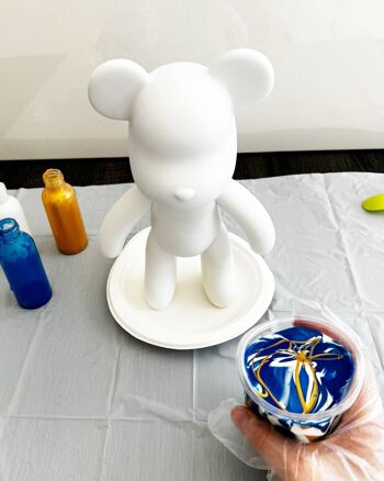 Kit de peinture pouring fluide art - Ours Teddy Bear Bleu / Blanc /Or 2