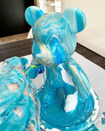 Kit de peinture pouring fluide art - Ours Teddy Bear Bleu / Blanc /Or 4