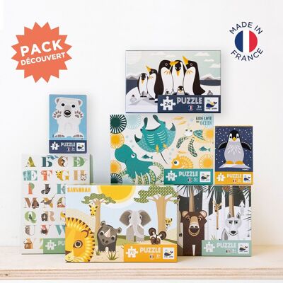 Pack Découverte de 28 puzzles pour enfants, éco-conçus et fabriqués en France.